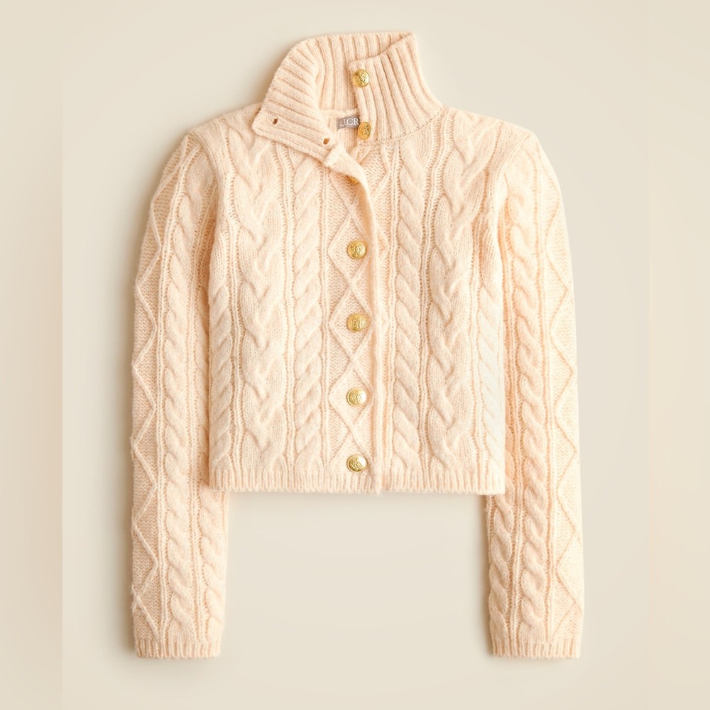 J. Crew Women's Cable Knit Turtleneck Cardigan Sweater Wool Blend Crop NWT